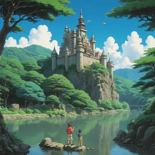 Prompt: studio ghibli castle, tree around , river, a man fishing by the river.