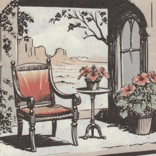 Prompt: Draw an antique chair positioned centrally in front of a wide window with a bay window overlooking a desert landscape. The chair features a parasol hanging from one armrest, and on the seat of the chair, there is a potted hibiscus flower in bloom.