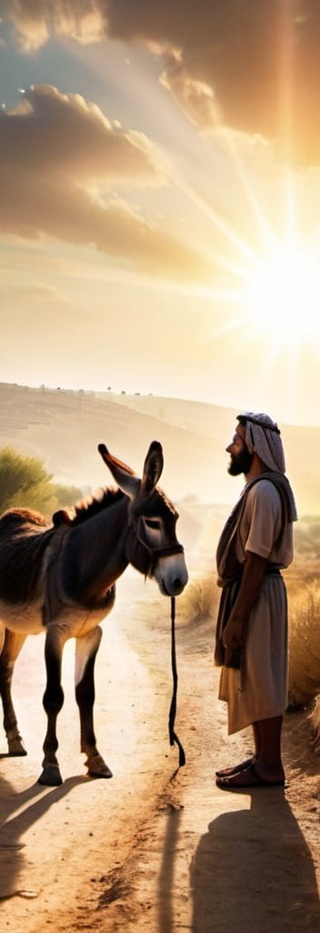 Prompt: A donkey speaks to an ancient Israelite man on a path in the countryside. A bright light shines behind them