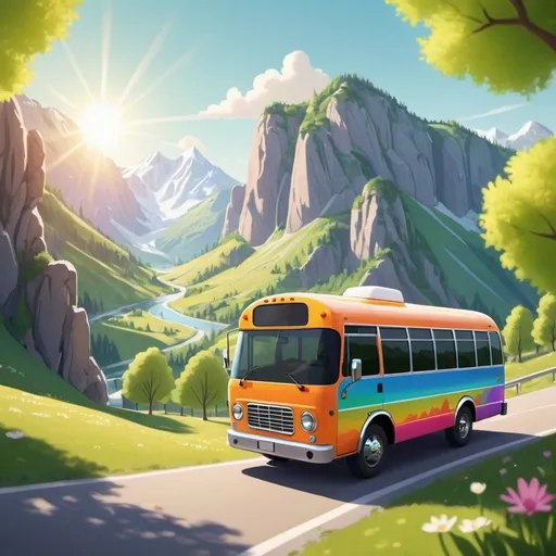Prompt: A cartoon style image in 4K resolution of a colorful mini tour bus parked in a scenic spring landscape. Sunlight filters through the leaves of tall mountains, casting dappled light on the bus. Three to four passengers are visible inside, gazing out the windows and enjoying the view.