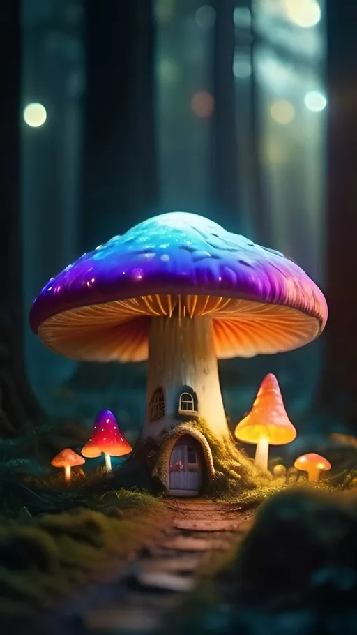 Prompt: Colorful, magical long house mushroom in vibrant forest, 4k, highly detailed, 9:16 aspect ratio, dark background with faint lights, lightfly, bokeh blur, fantasy, whimsical, vibrant colors, detailed textures, highres, atmospheric lighting