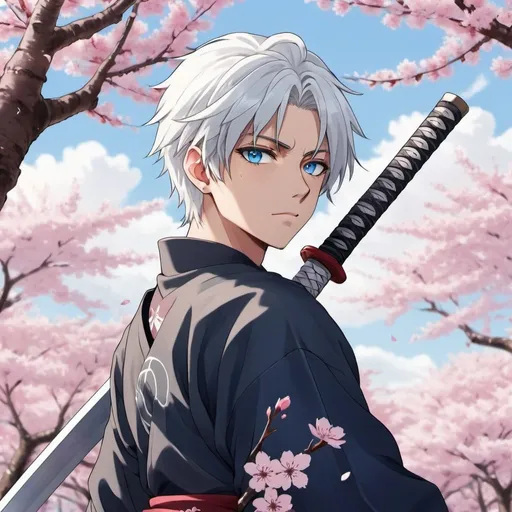 Prompt: "Generate a striking image of an anime boy with silver hair, piercing blue eyes, and a mysterious aura, standing amidst cherry blossom trees with a katana strapped to his back."