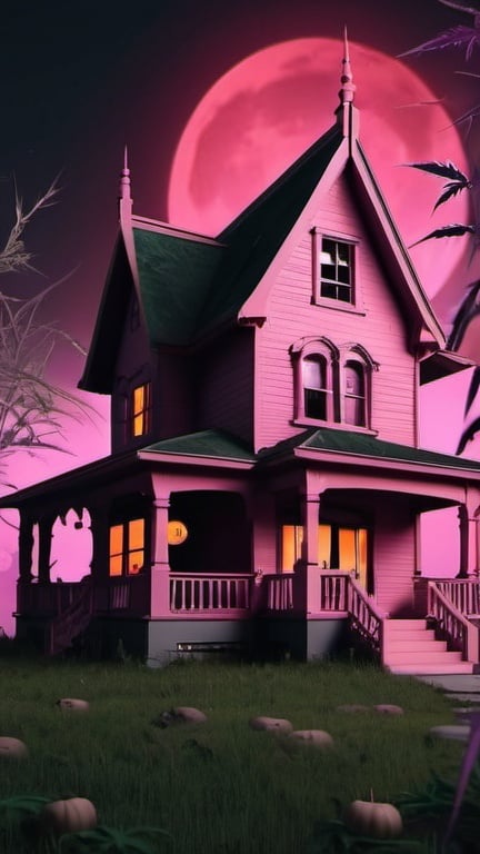 Prompt: halloween style, parents house, creepy, cannabis, spooky, 3d, uhd image, pink