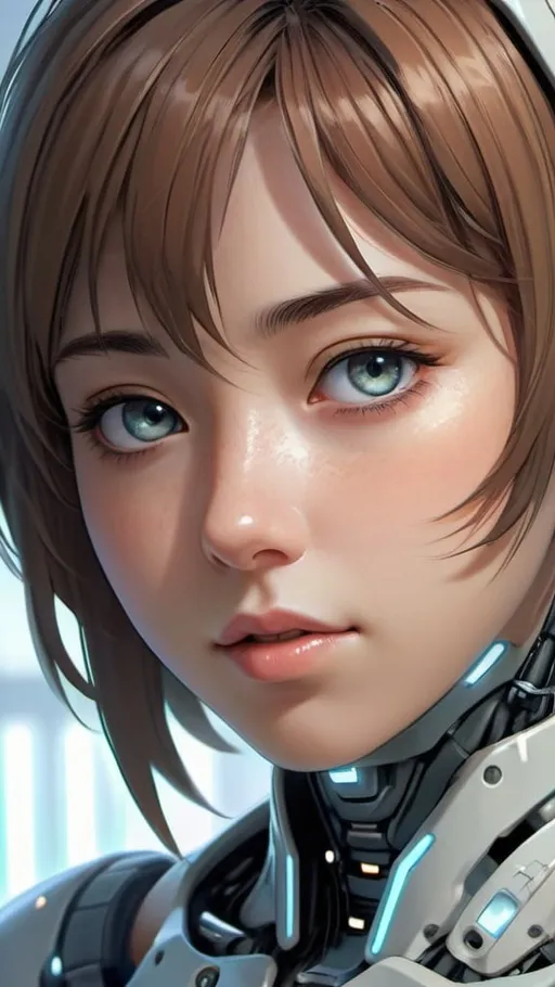 Prompt: Cyborg girl with affectionate gaze, hyper-detailed anime illustration, Makoto Shinkai style, close-up of facial features, futuristic cybernetic enhancements, emotional expression, high quality, hyper-detailed, anime, Makoto Shinkai, cyborg, affectionate gaze, futuristic, emotional, detailed facial features, professional, atmospheric lighting