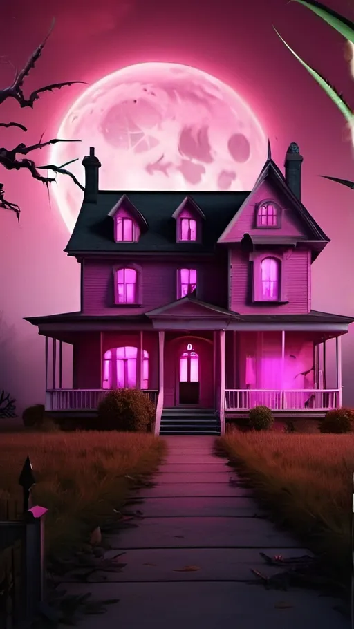 Prompt: halloween style, parents house, creepy, cannabis, spooky, 3d, uhd image, pink