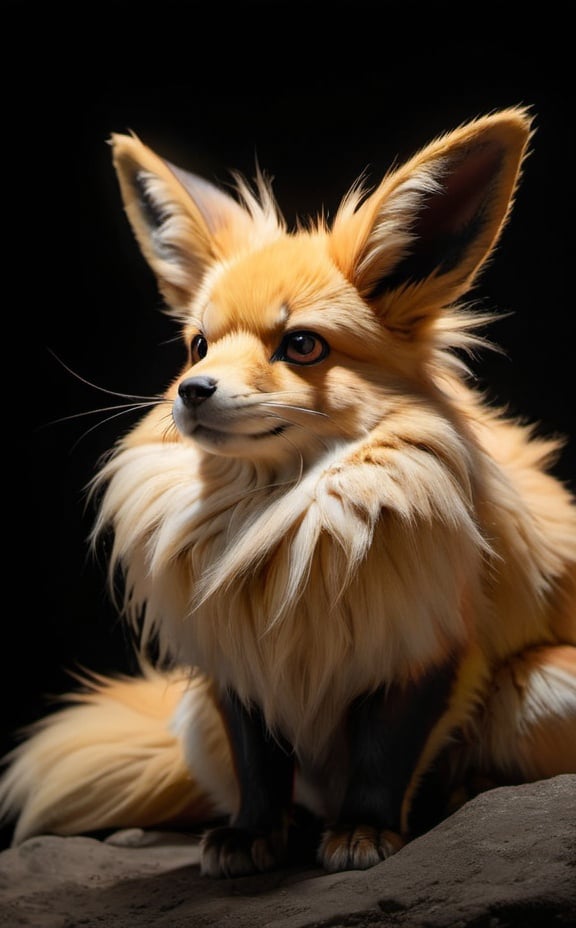 Prompt: Photorealistic photograph of Flareon in the style of Marsel van Oosten and Will Burrard-Lucas, highly detailed fur with dramatic lighting, dark and intense atmosphere, 8k resolution, dramatic lighting, realistic portrayal, detailed fur, intense gaze, Marsel van Oosten, Will Burrard-Lucas, photorealistic, Flareon, dramatic lighting, detailed fur, dark atmosphere, 8k resolution