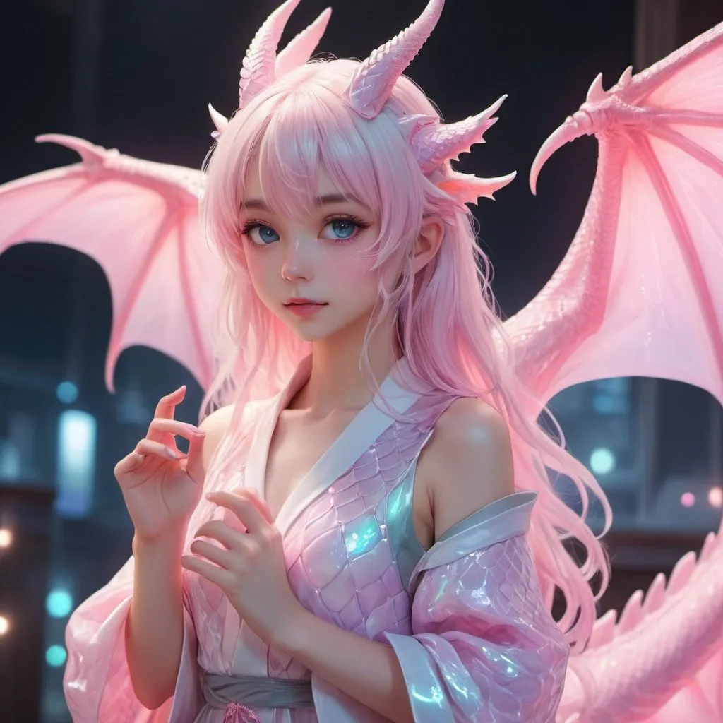 Prompt: masterpiece, best quality, (Anime:1.4), pastel anime dragon girl, slime, beautiful look, fully clothes, shimmering lights, dragon in background, iridescent textures, dragon scales, dragon horns, dragon wings, translucent scales, soft neon pink light, ethereal ambiance, delicate details, magical atmosphere