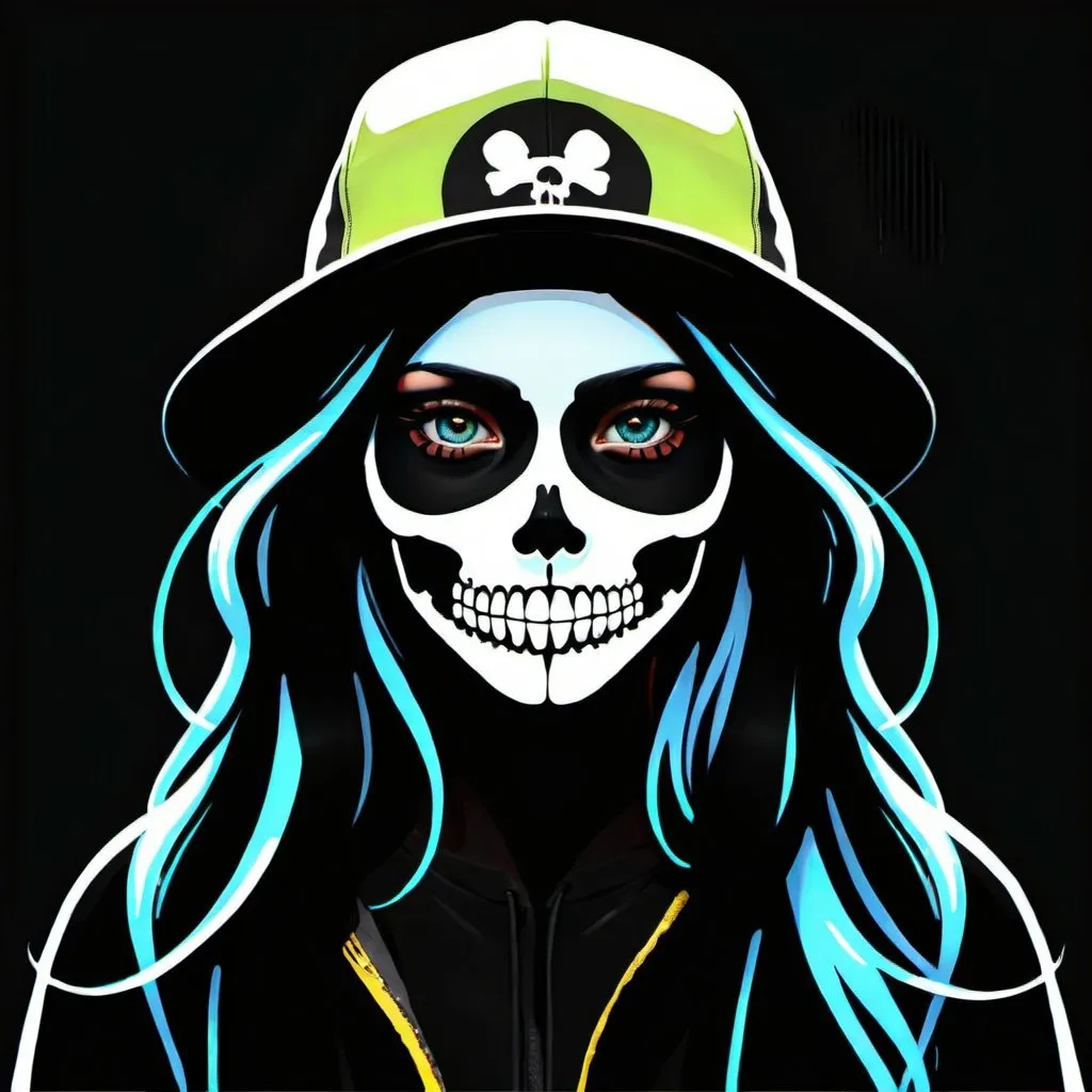 Prompt: A girl with skull face mask in black color with hat in black colour,long hair , cartoon realistic portrait,higly detailed,hyper realistic,