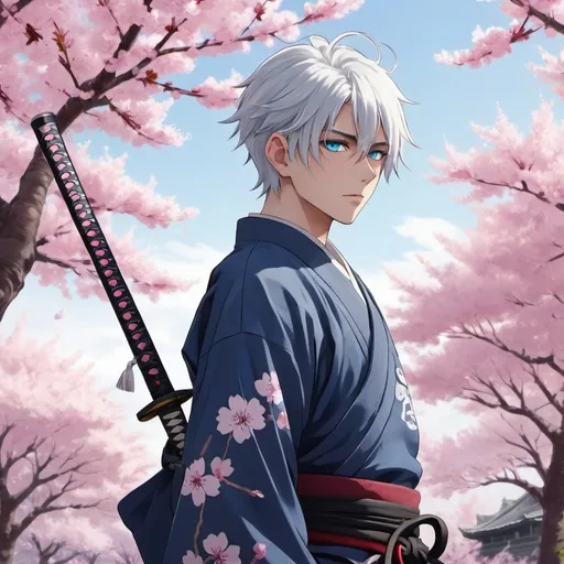 Prompt: "Generate a striking image of an anime boy with silver hair, piercing blue eyes, and a mysterious aura, standing amidst cherry blossom trees with a katana strapped to his back."