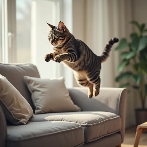 Prompt: A cat jumping from a table onto the couch