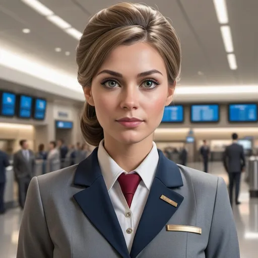 Prompt: Realistic depiction of a flight attendant turned to stone, detailed facial features, marble texture, airport setting, high-quality, realism, detailed sculpture, realistic lighting, subtle color tones, professional attire, detailed hair and uniform, stoic expression, airport terminal background, polished stone, lifelike eyes, serene atmosphere