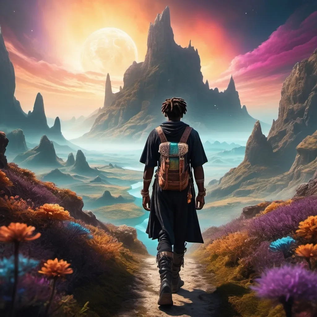 Prompt: A black explorator walking in a fantasy world. we see him from the back