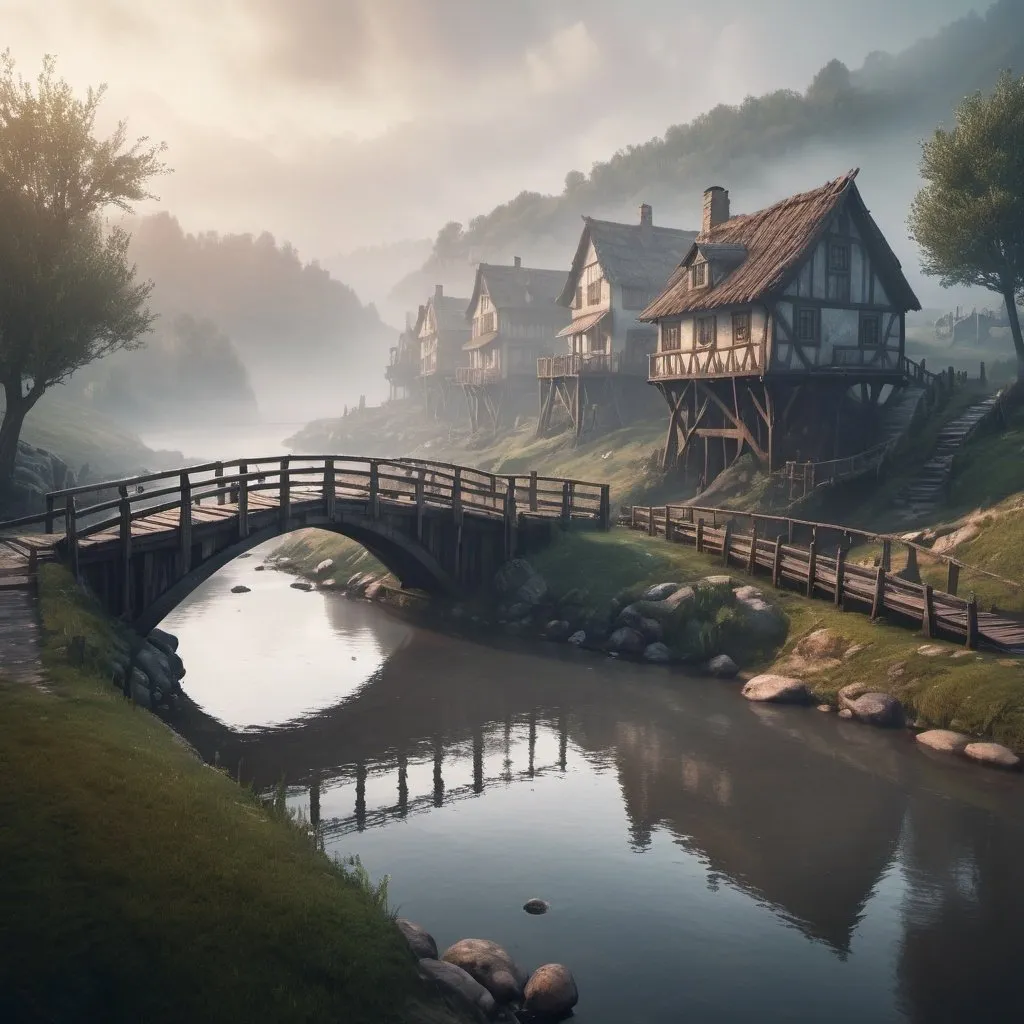 Prompt: small settlement, foggy, bridge and river, dramatic fantasy settlement scene, cinematic lighting