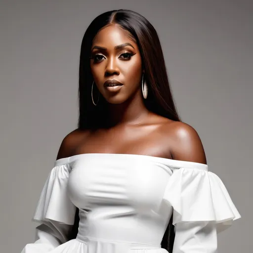 Prompt: Modest Dress that is white and  covers the chest area, but create a Editorial Image of Tiwa Savage the singer