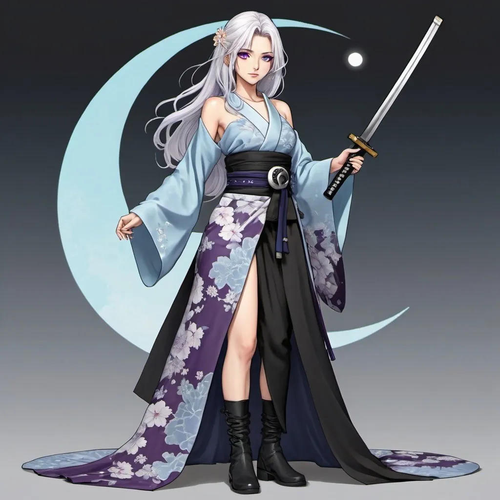 Prompt: a one-piece OC that is a female, wearing a kimono that is cut into a crop top, a long skirt and shoulder-less sleeves, she also has black boots with a belt with a katana, she has long wavy white hair with deep, dark shimmering purple eyes, her kimono is a light blue with floral designs and a crescent moon symbol on her belt