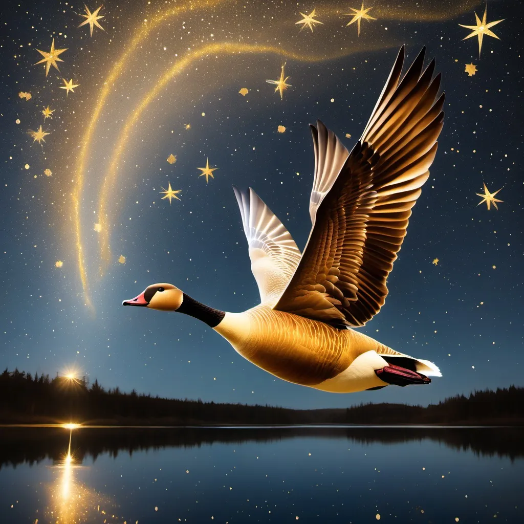 Prompt: A golden shimmering goose flying through a starry night