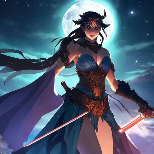 Prompt: A goddess showing off her sword skills under the moonlight