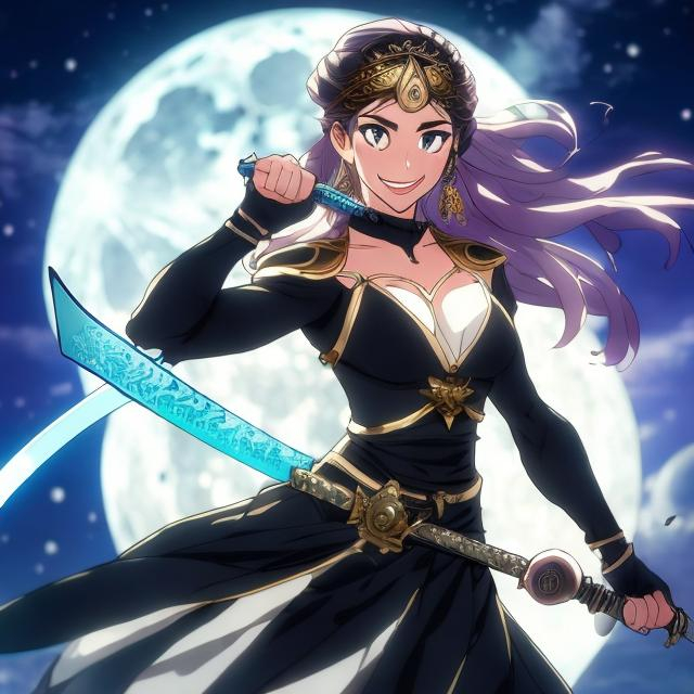 Prompt: A goddess showing off her sword skills under the moonlight