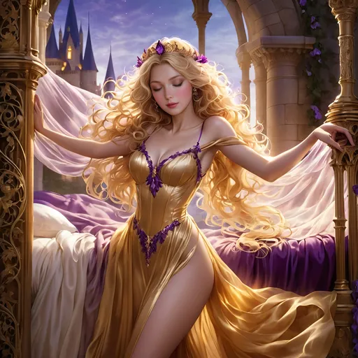 Prompt: stunningly beautiful sleeping princess with wavy golden-hair wearing draped purple fairytale sheer flowing dress, posed sensually in four-poster antique bed in castle tower