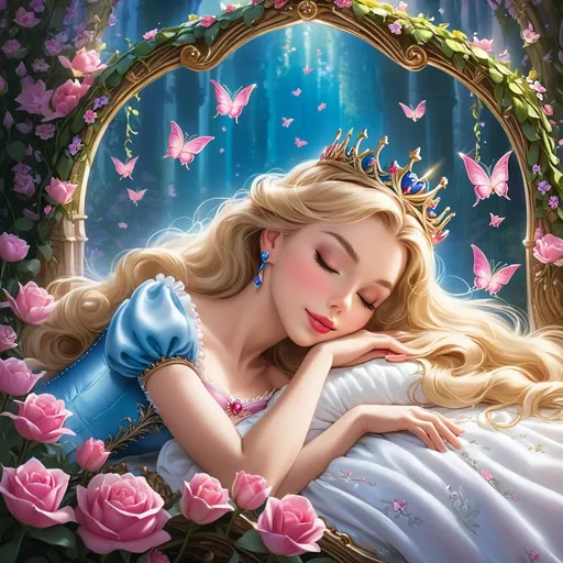 Prompt: Sleeping Beauty laying on her back horizontal in fairytale bed like 