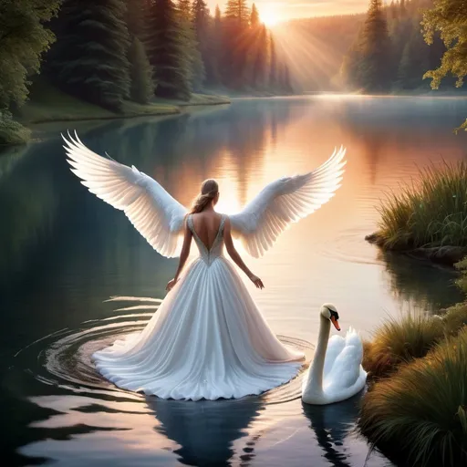 Prompt: hyperrealistic, photorealism, Stunningly Beautiful Swan flying over a fairytale lake at sunset, myst, fantasy, dramatic lighting, white shimmering flowing gown, posed looking over her back shoulder