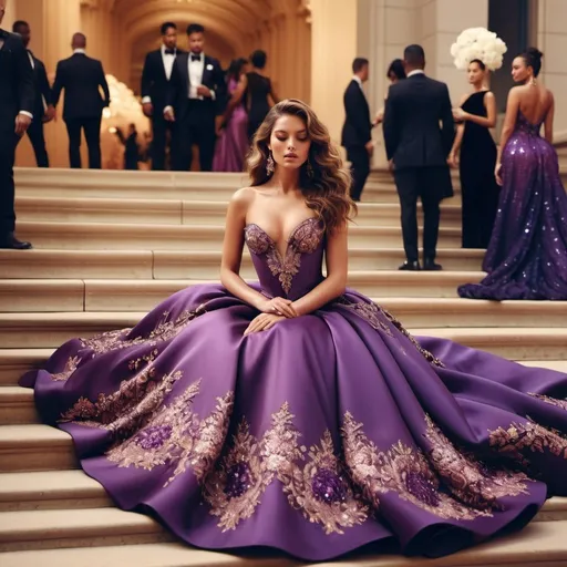 Prompt: Glamour photography of sexually stunningly beautiful woman with long wavy brown hair on the Met Gala steps in New York wearing designer purple sleeping beauty gown with long train, intricate details, glitter and jewels, posed 3/4, in the style of Guy Aroch