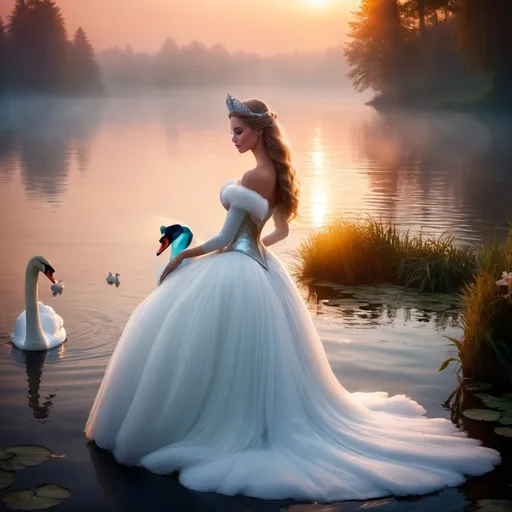 Prompt: Stunningly Beautiful Swan Princess on a fairytale lake at sunset, mist, fantasy, dramatic lighting