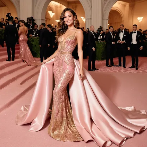 Prompt: Glamour photography of sexually stunningly beautiful woman with long wavy brown hair on the Met Gala steps in New York wearing designer gold and pink gown with long train, intricate details, glitter and jewels, posed 3/4 turn standing, smile, in the style of Guy Aroch