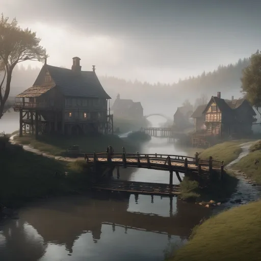 Prompt: small settlement, foggy, bridge and river, dramatic fantasy settlement scene, cinematic lighting