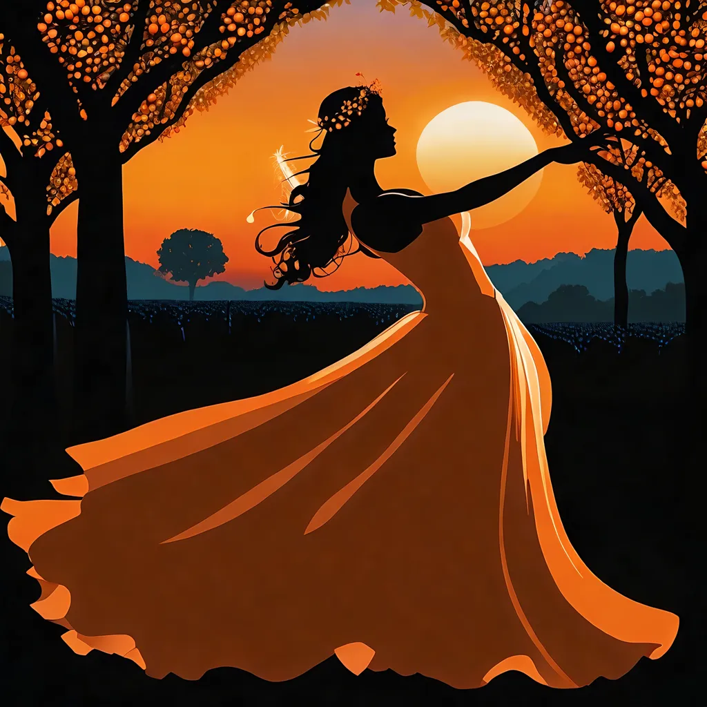 Prompt: stunningly beautiful fall fairy woman dancing at sunset through an orange orchard