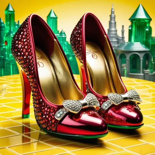 Prompt: pair of stunningly beautiful Wizard of Oz Ruby Slippers, detailed designer glass ruby high heels, sparkling, ruby cuts, on a yellow brick road, emerald city in background, intricately detailed, hyperrealist, photorealism, colorful background, full correct female anatomy