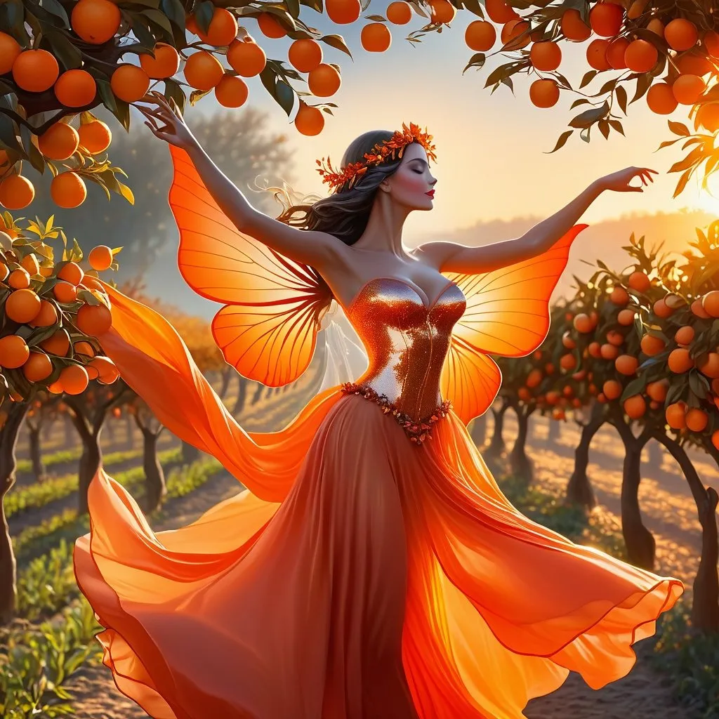 Prompt: stunningly beautiful fall fairy woman dancing at sunset through an orange orchard