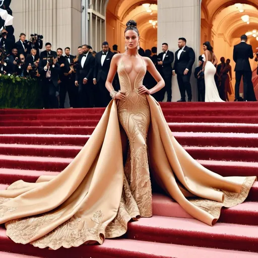 Prompt: Glamour photography of stunningly beautiful woman on the Met Gala steps in New York wearing designer gown with long train, intricate details, in the style of Guy Aroch