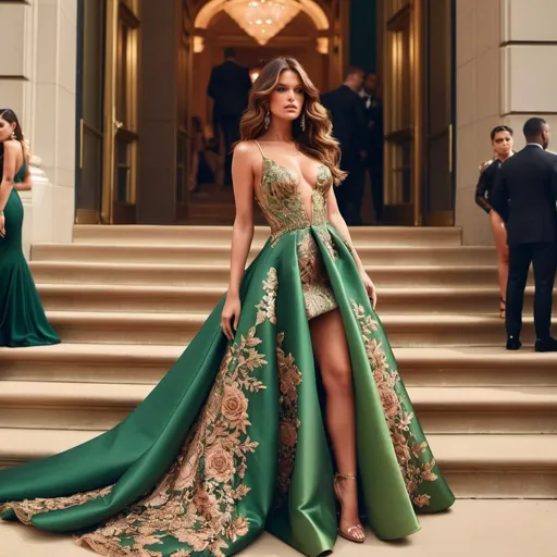 Prompt: Glamour photography of sexually stunningly beautiful woman with long wavy brown hair on the Met Gala steps in New York wearing designer A-line rose gold and green gown with long train, intricate details, lace overlay, glitter and jewels, posed 3/4 turn standing, sensual expression, in the style of Guy Aroch
