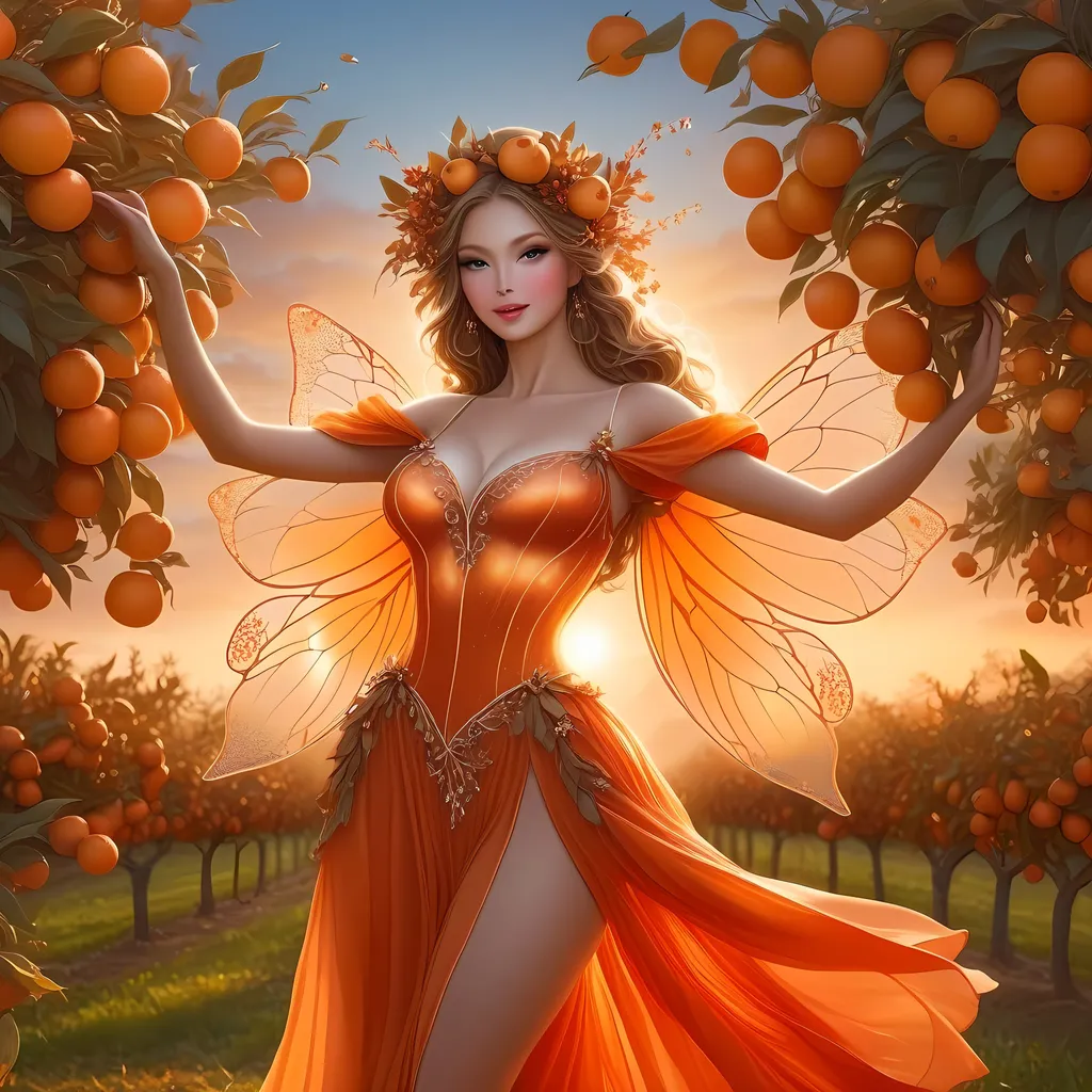 Prompt: stunningly beautiful fall fairy woman dancing at sunset through an orange orchard