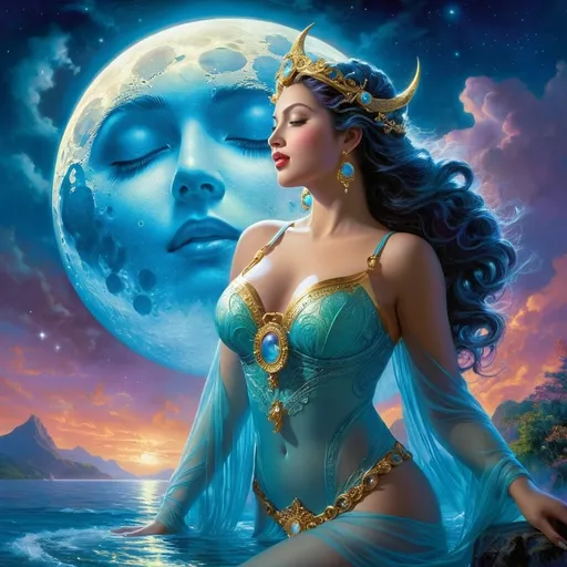 Prompt: stunningly beautiful voluptuously  female moon goddess bathing in the moonlight, full moon, posed sensually, come-hither-expression, full correct anatomy, ethereal fantasy hyperdetailed mist Thomas Kinkade Hyperrealistic, splash art, concept art, intricately detailed, color depth, dramatic, 2/3 face angle, side light, colorful background