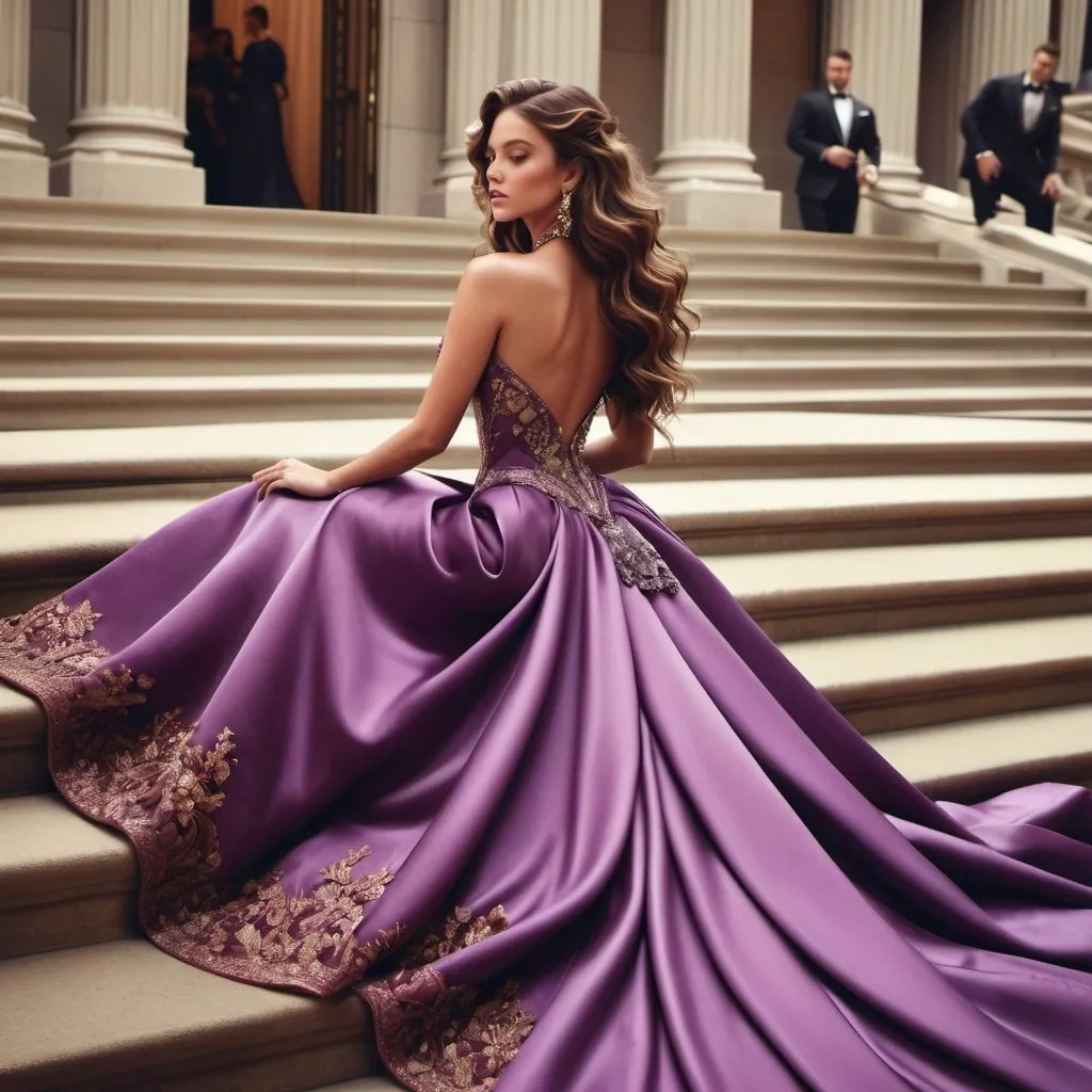 Prompt: Glamour photography of stunningly beautiful woman with long wavy brown hair on the Met Gala steps in New York wearing designer purple sleeping beauty gown with long train, intricate details, in the style of Guy Aroch