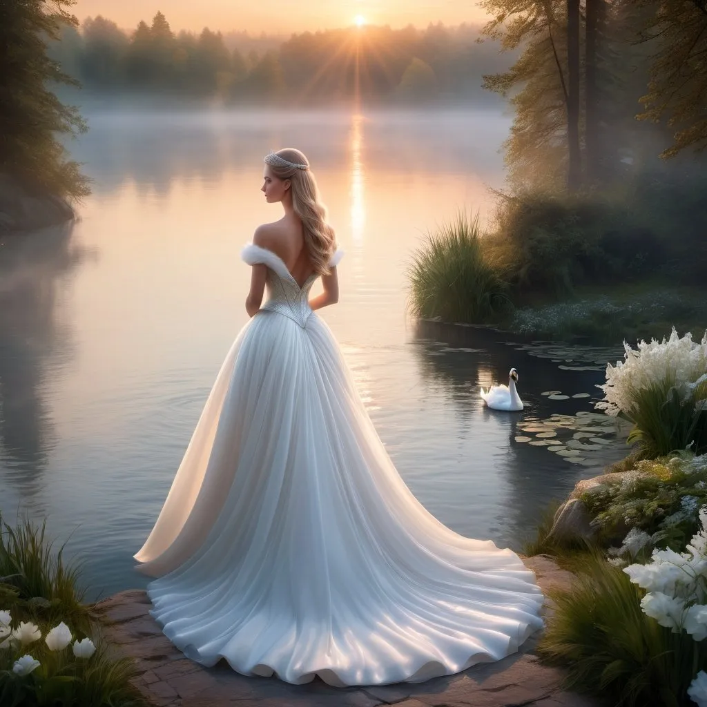Prompt: hyperrealistic, photorealism, Stunningly Beautiful Swan Princess on a fairytale lake at sunset, mist, fantasy, dramatic lighting, white shimmering flowing gown, posed looking over her back shoulder