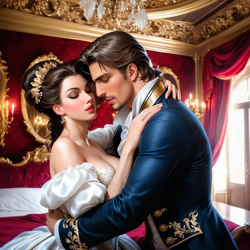 Prompt: Loves first kiss, sexually stunningly beautiful brunette woman being embraced by sexually handsome man, posed in baroque style bedroom, sensual expressions