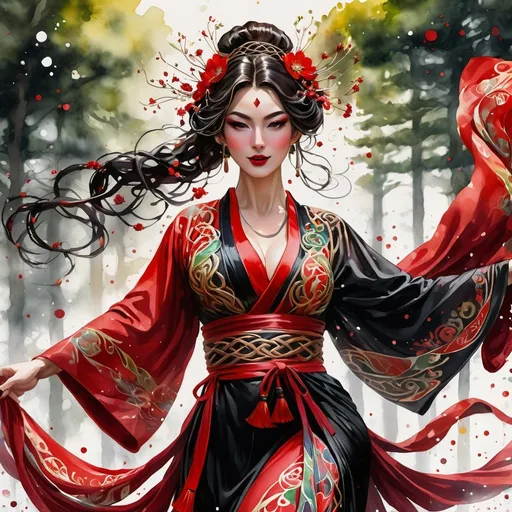Prompt: sexually stunningly beautiful Celtic priestess dancing at Beltane festival, Beautiful digital watercolor painting, a woman wearing an intricate kimono, paint splatter, black and red, bold brush strokes, art nouveau