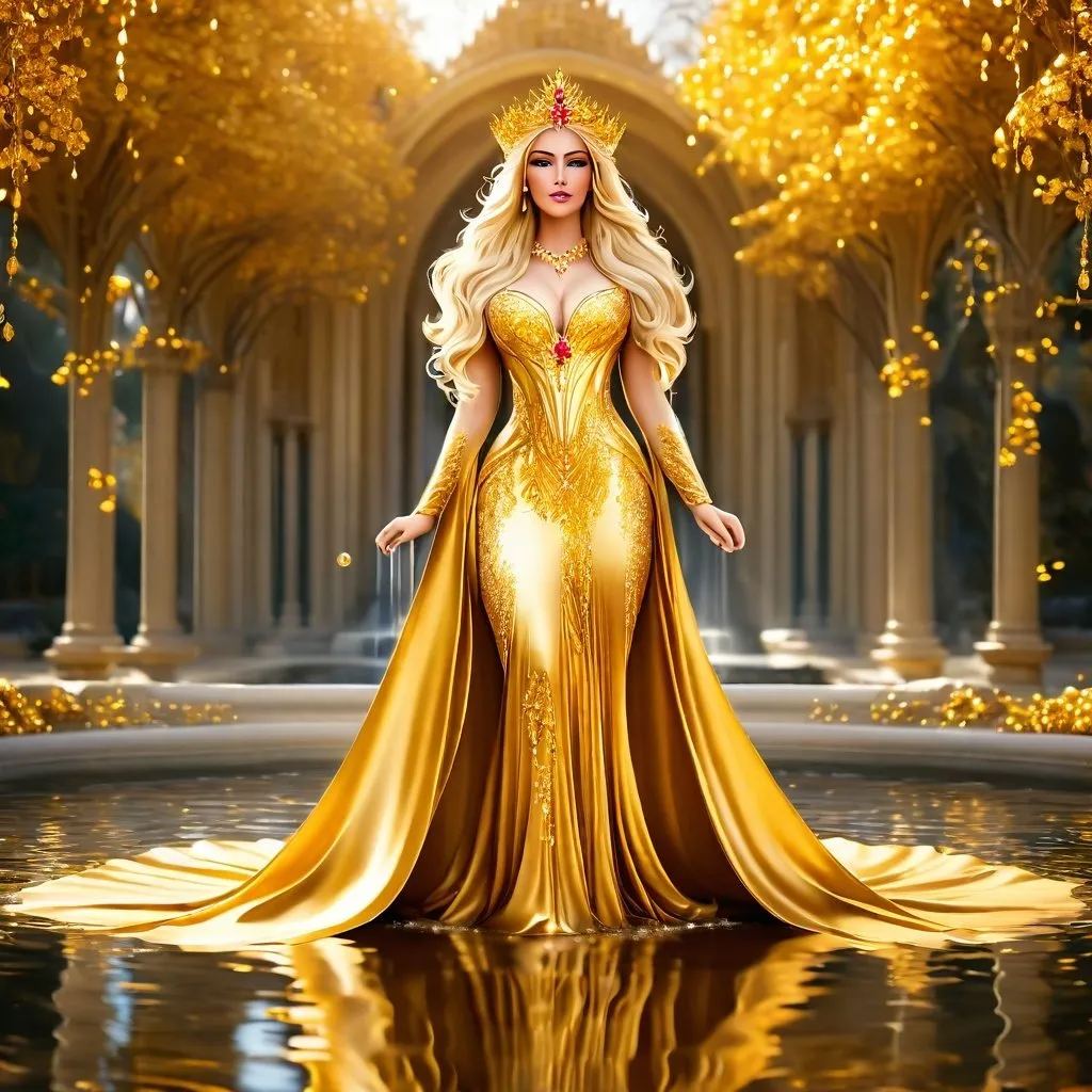 Prompt: Stunningly Beautiful Queen with Gold Hair and waring a Gold designer Gown dripping gold, in a golden palace, with golden trees and golden flowers and a fountain flowing with liquid gold