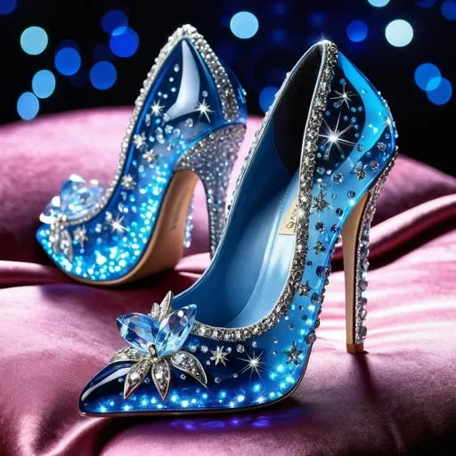Prompt: stunningly beautiful Cinderella detailed designer glass high heels in a moonlight stars sparkling, diamond rimstones, on a fancy pillow. intricately detailed, hyperrealist, photorealism, colorful background, full correct female anatomy
