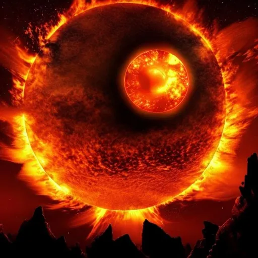 Prompt: The end of earth, red sun, sun very close, ruins, meteors, fire