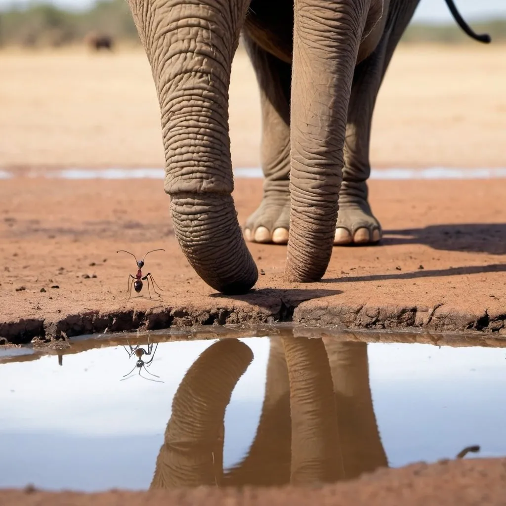 Prompt:  An Ant looks across a vast puddle standing beside an elephant leg to represent how small the ant is