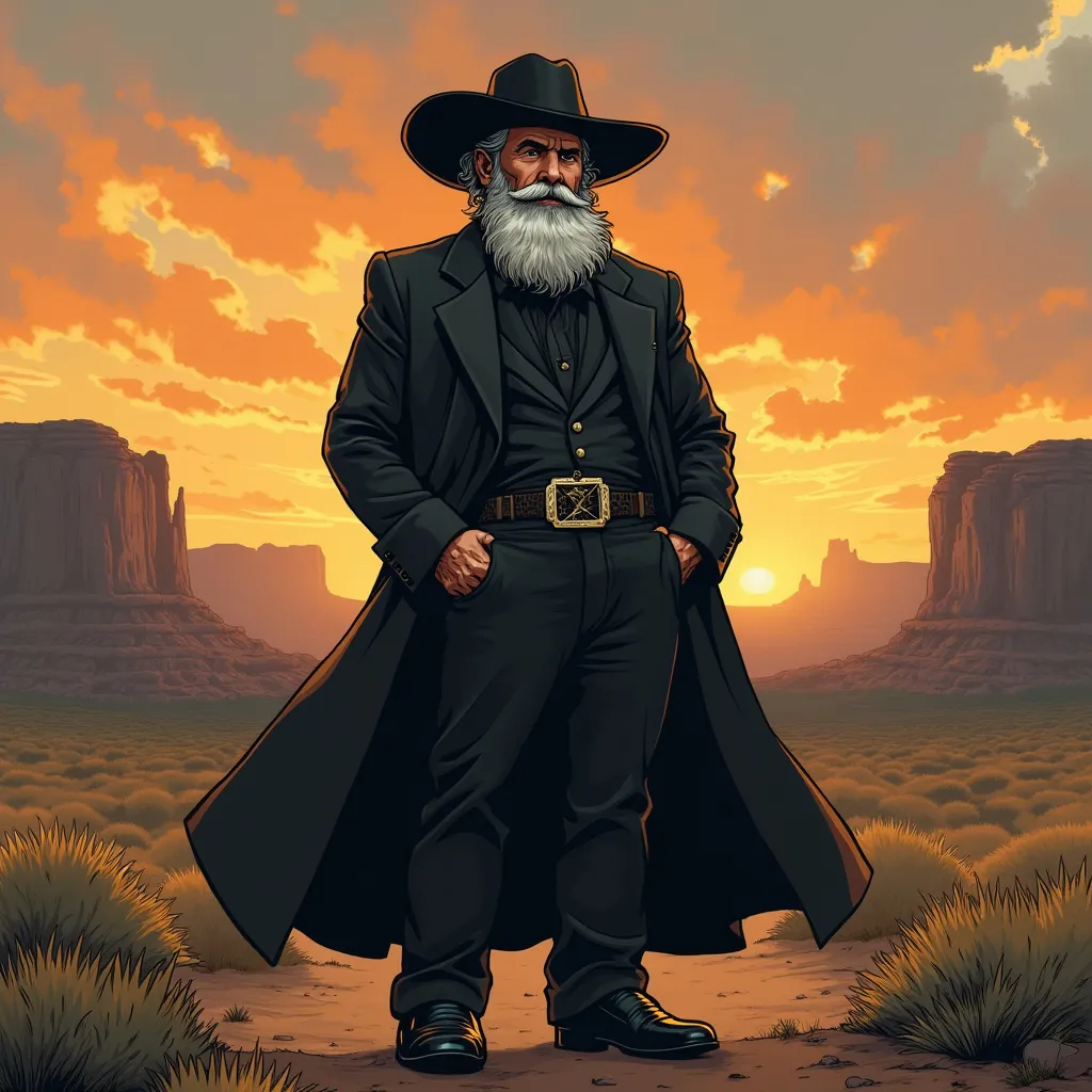 Prompt: Comic book style, man, 5 foot 8, heavy set, gray bushy beard, gray hair, 1800’s black American old west preacher outfit, round black 1800’s American western preacher hat, black dress shoes, background west Texas mountains, sunrise