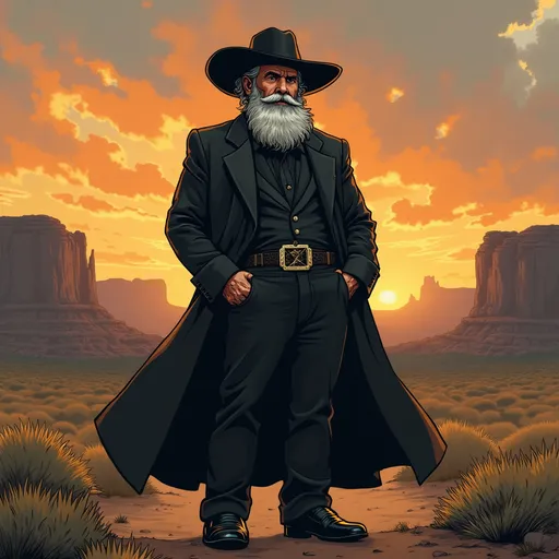 Prompt: Comic book style, man, 5 foot 8, heavy set, gray bushy beard, gray hair, 1800’s black American old west preacher outfit, round black 1800’s American western preacher hat, black dress shoes, background west Texas mountains, sunrise