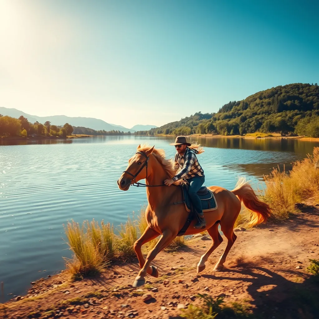 Prompt: A (dynamic scene) of a man on a horse galloping energetically beside a tranquil lake, reflective water shimmering under a clear sky, lush greenery surrounding the area, the horse's mane flowing dramatically in the wind, sunlight illuminating the landscape with warm, golden hues, (high detail) and (vivid colors), creating an exhilarating ambiance of freedom and adventure, (ultra-detailed) outdoor photography.