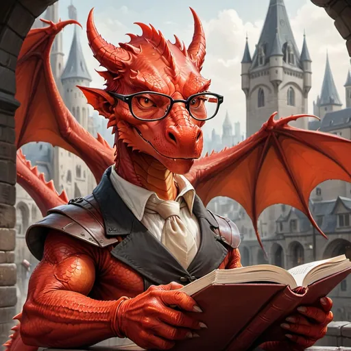 Prompt: An intelligent looking Red dragon wearing glasses and reading a book. Fantasy buildings in the background.
