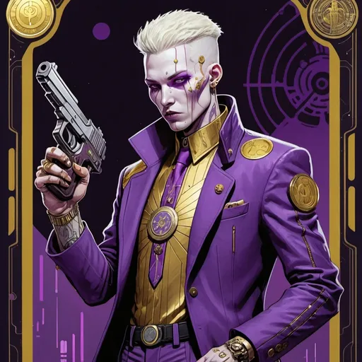 Prompt: A tarot card of a white skinned cyberpunk in a purple and gold suit brandishing a large pistol in one hand and a golden coin in the other