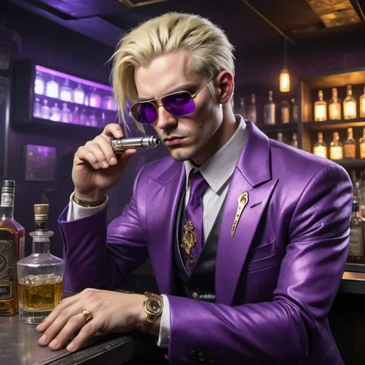 Prompt: A white skinned male cyberpunk with straight blond hair in a purple suit with gold accents and mirrored sunglasses scowls while tending bar in a seedy dystopian nightclub he has placed a large pistol on the bar alongside a poured glass of tequila and several lines of cocaine
 